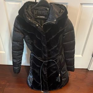 Karl Lagerfeld Shiny Black Mixed Media Coat